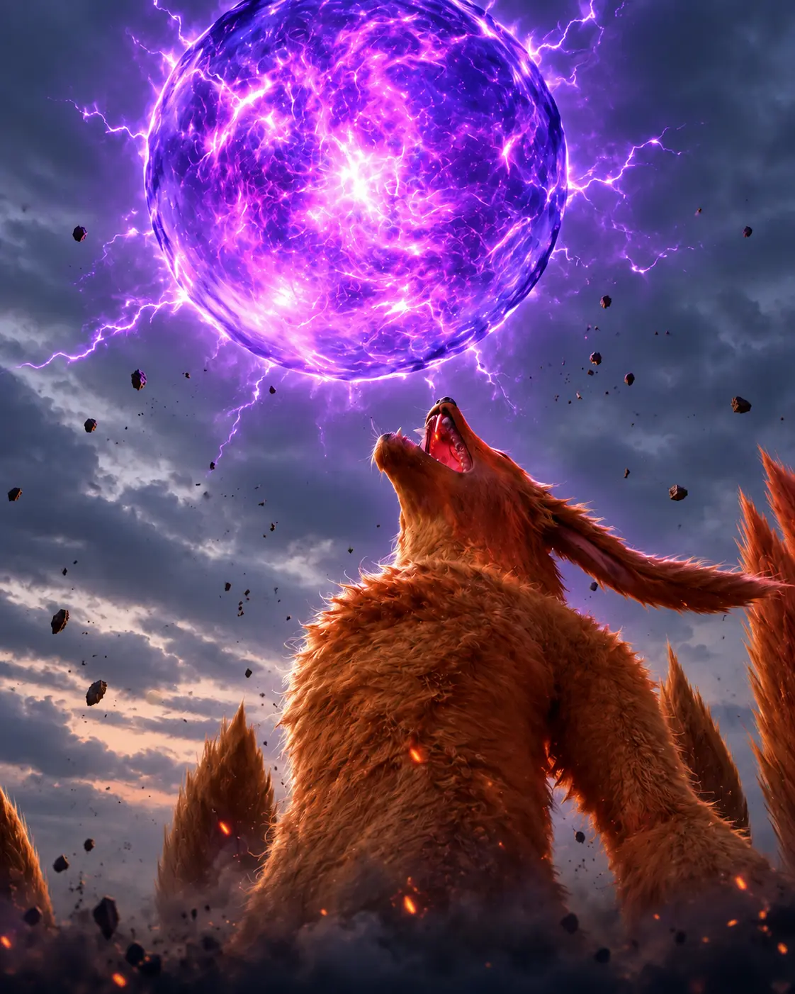 Kurama VFX concept: a detailed orange nine-tailed fox beneath a glowing purple energy sphere and a natural dusk sky