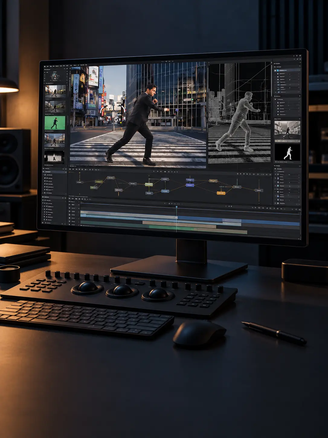A cinematic editing suite with Dave’s Tokyo scene, a 3D breakdown and compositing timeline on the monitor