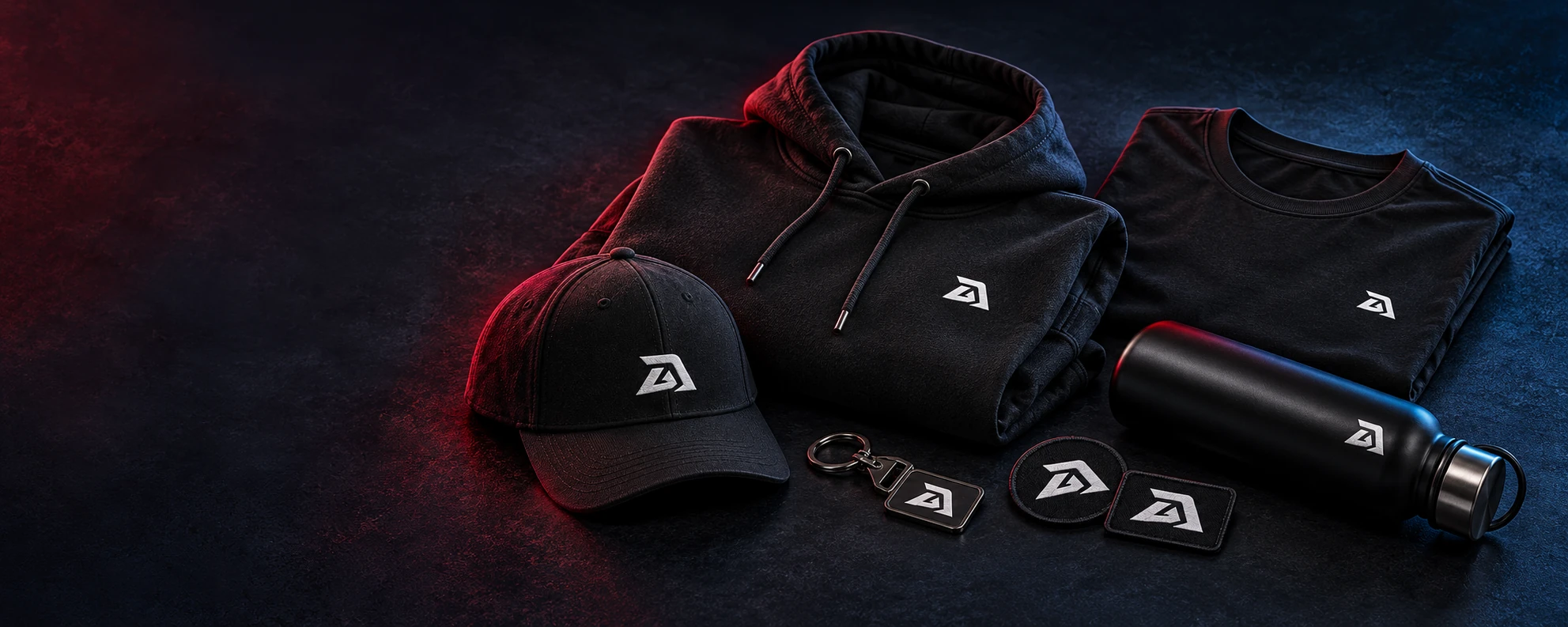 Darukai merchandise concept: premium black apparel and accessories in a wide studio arrangement