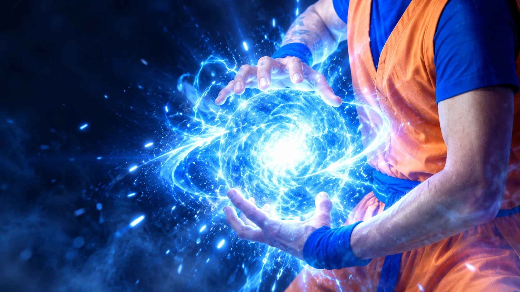 Cinematic blue Kamehameha energy effect between a creator's hands
