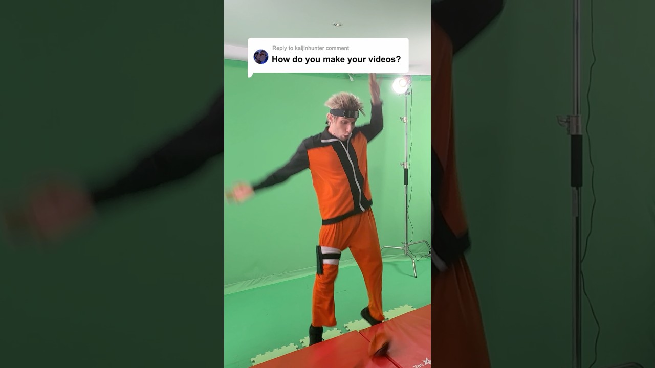 Dave in Naruto cosplay filming on a green-screen stage