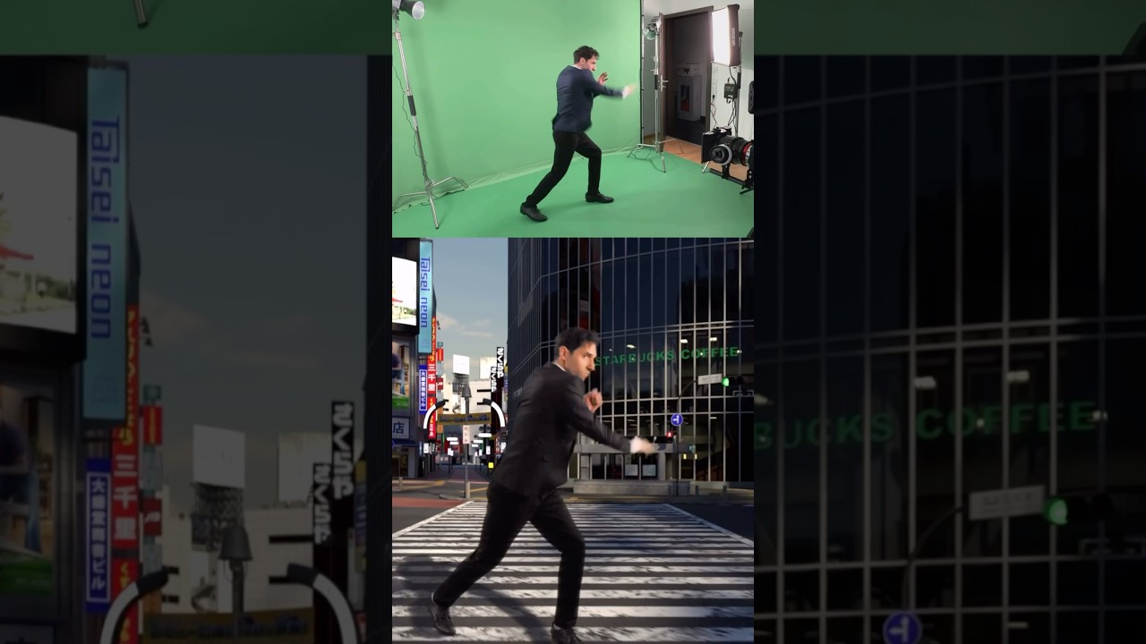 Dave filming against a green screen and the finished Jujutsu Kaisen scene